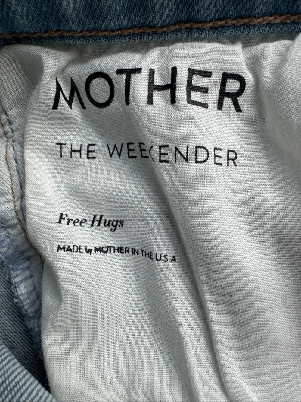 Mother The Weekender Flare Jean Free Hugs Distressed Light Wash Denim